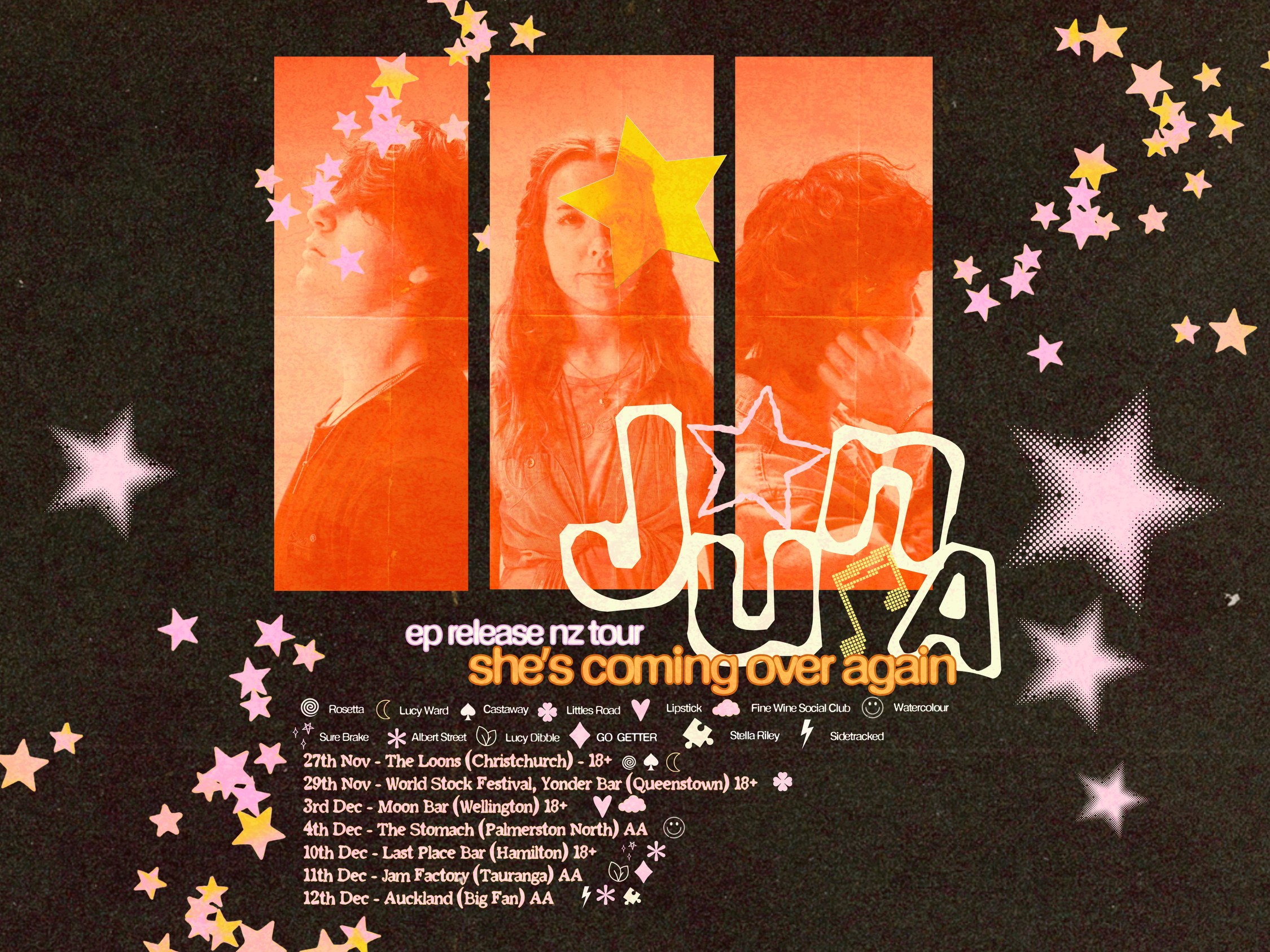 Juna &lsquo;she&rsquo;s coming over again&rsquo; EP release NZ tour poster: 27 Nov Christchurch, 29 Nov Queenstown, 3 Dec Wellington, 4 Dec Palmerston North, 10 Dec Hamilton, 11 Dec Tauranga, 12 Dec Auckland